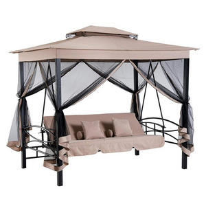 Outdoor Patio Garden 3 Person Gazebo Swing Daybed with Canopy and Mesh Walls