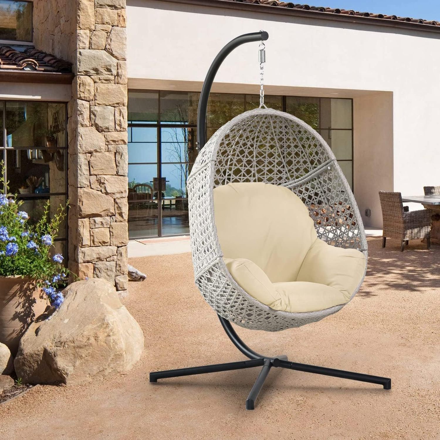 Large Hanging Egg Chair with Stand Upgraded Wicker Egg Swing Chair Outdoor Indoor PE Rattan Hanging Chair with Steel Stand