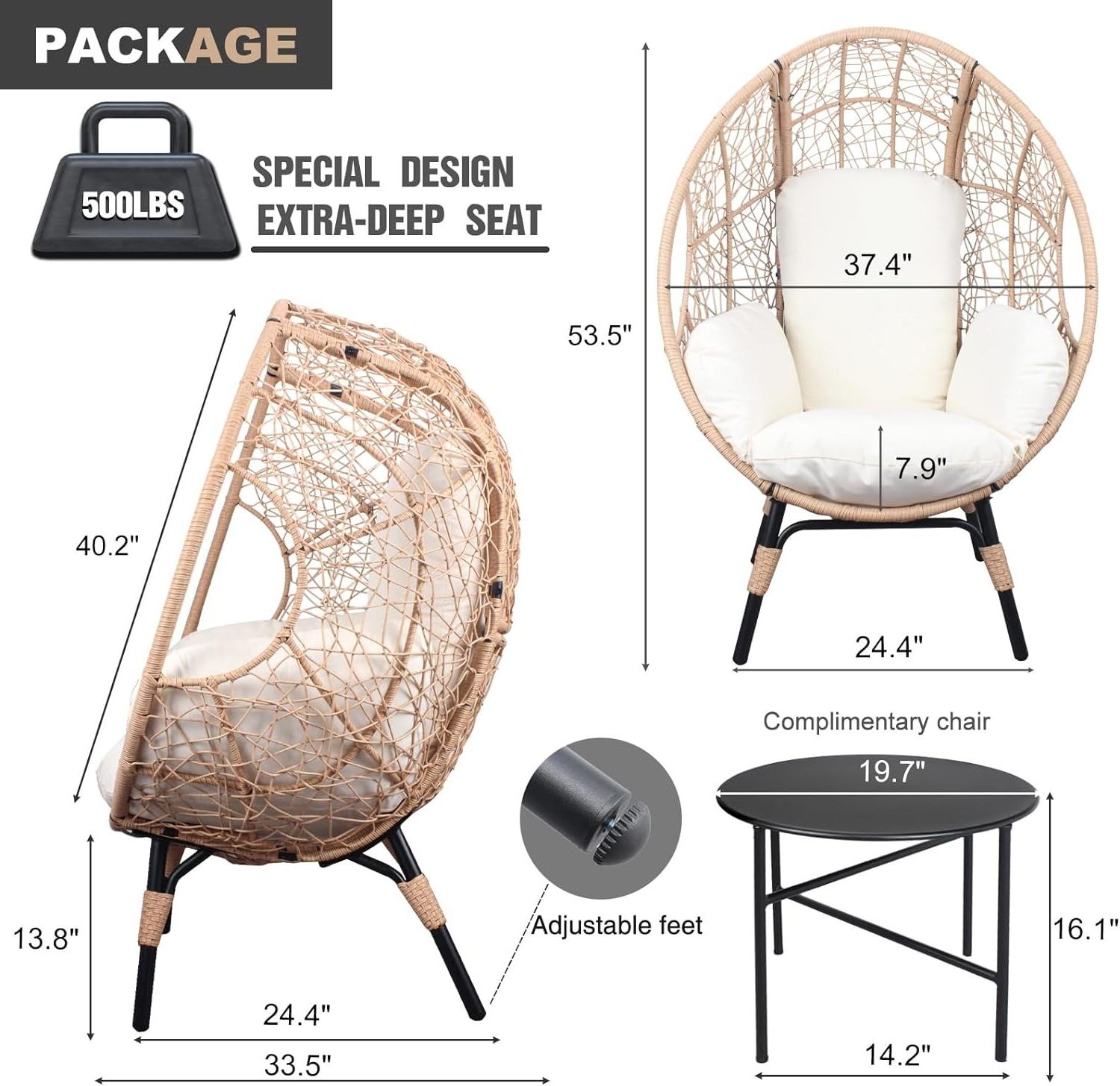 Patio Egg Chair for Outside Extra Large Outdoor Chair with Stand Oversized Wicker Chair for Backyard Porch  Livingroom Poolside