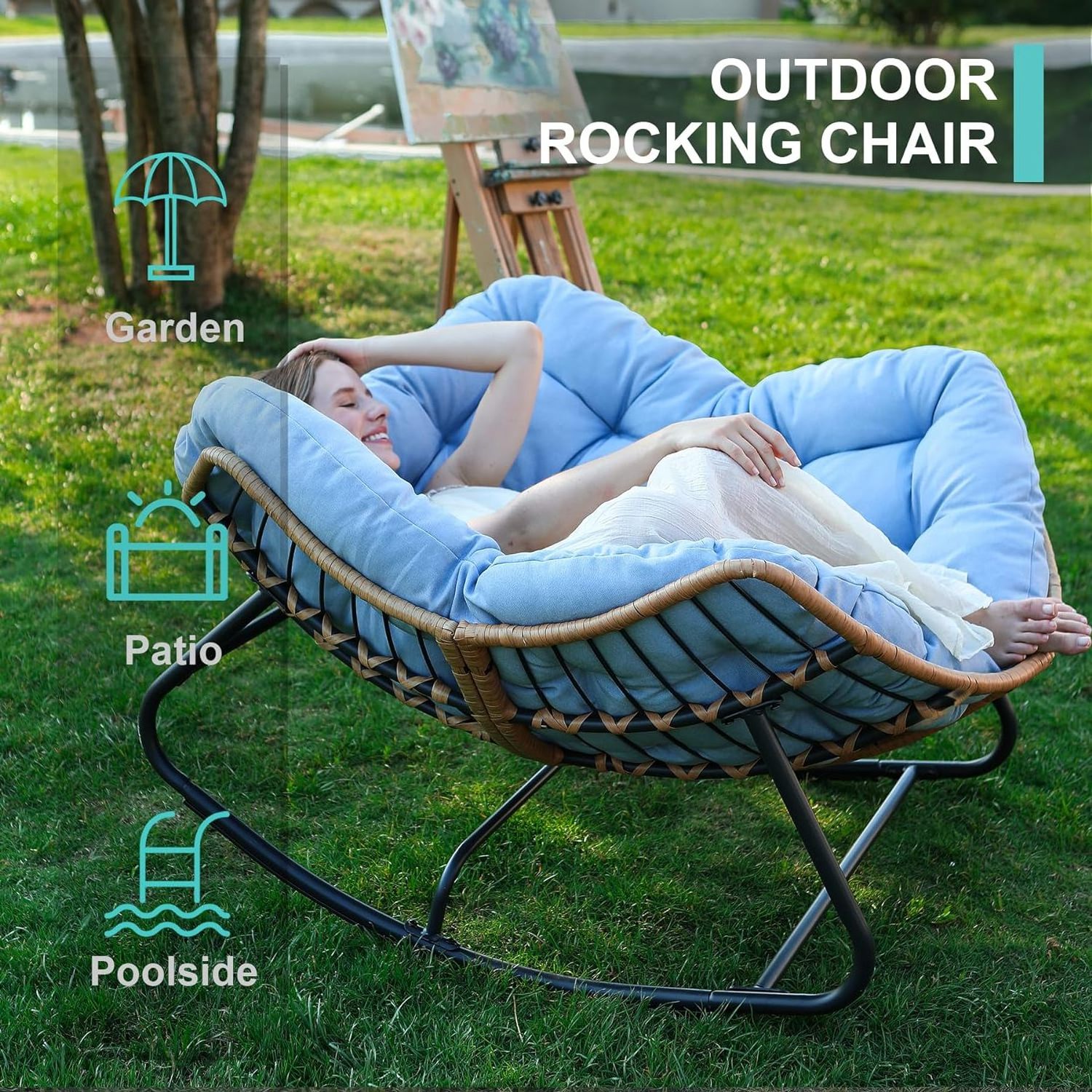 Patio Rattan Wicker Rocking Egg Chair Indoor Papasan Chair   for Front Porch  Garden  Bedroom  Living Room