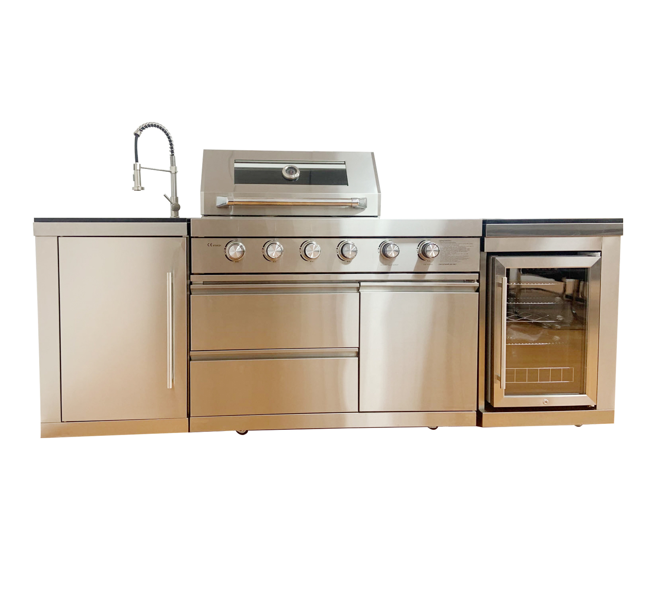 Outdoor Kitchen BBQ Island Built In Sinks And 304 316 Stainless Steel Gas Grill With Lockable Wheels And Independent Freezers