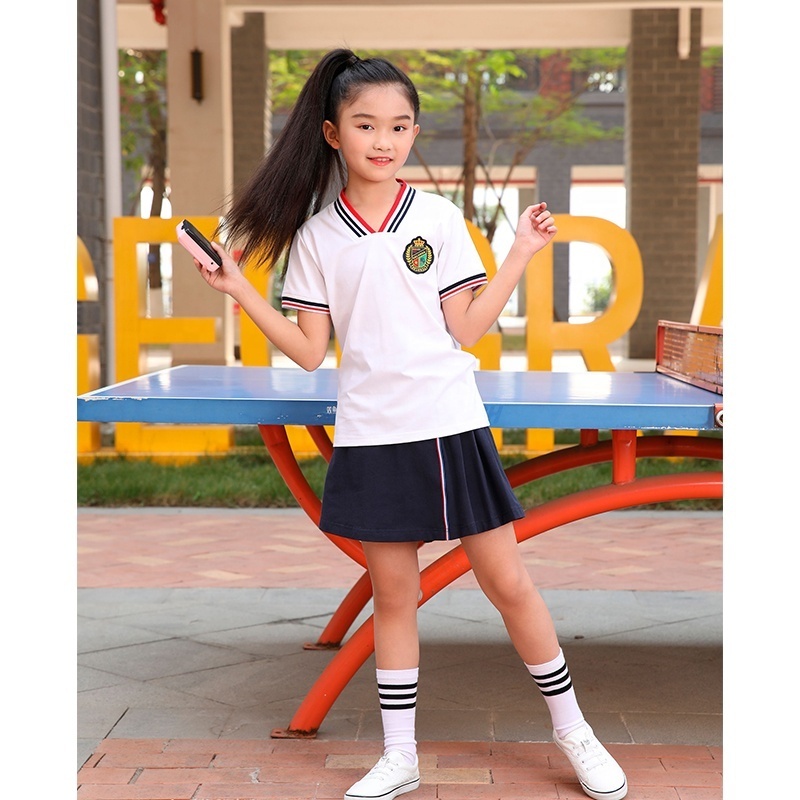 OEM Supply School Uniform Students Girls Skirt and T Shirt Sweatsuits Sets