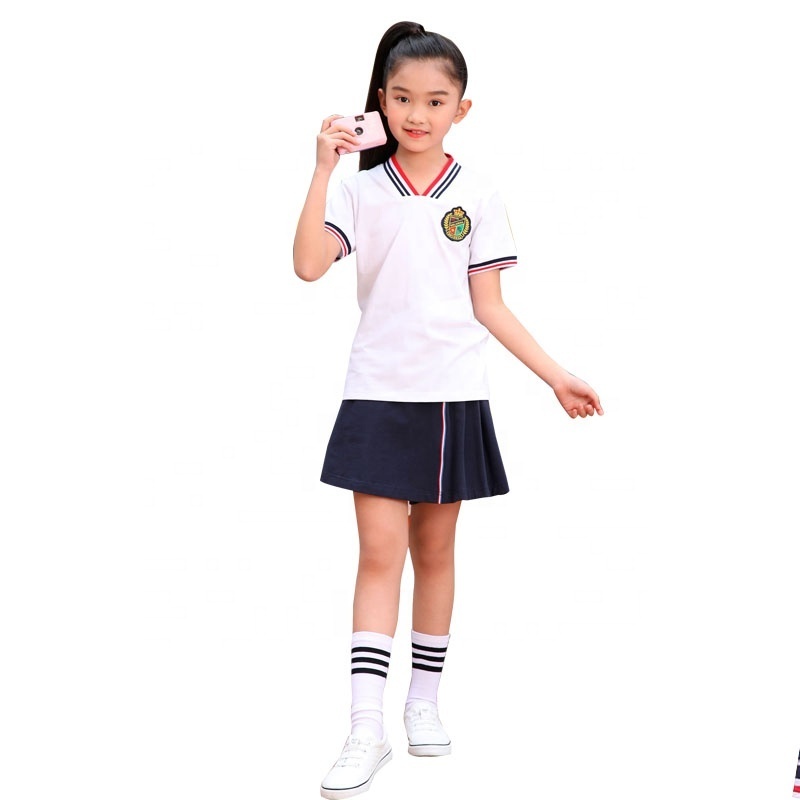 OEM Supply School Uniform Students Girls Skirt and T Shirt Sweatsuits Sets