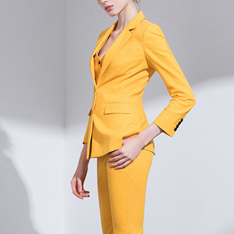 OEM Custom wholesale label yellow fashion female lady work wear women 3 piece business suit