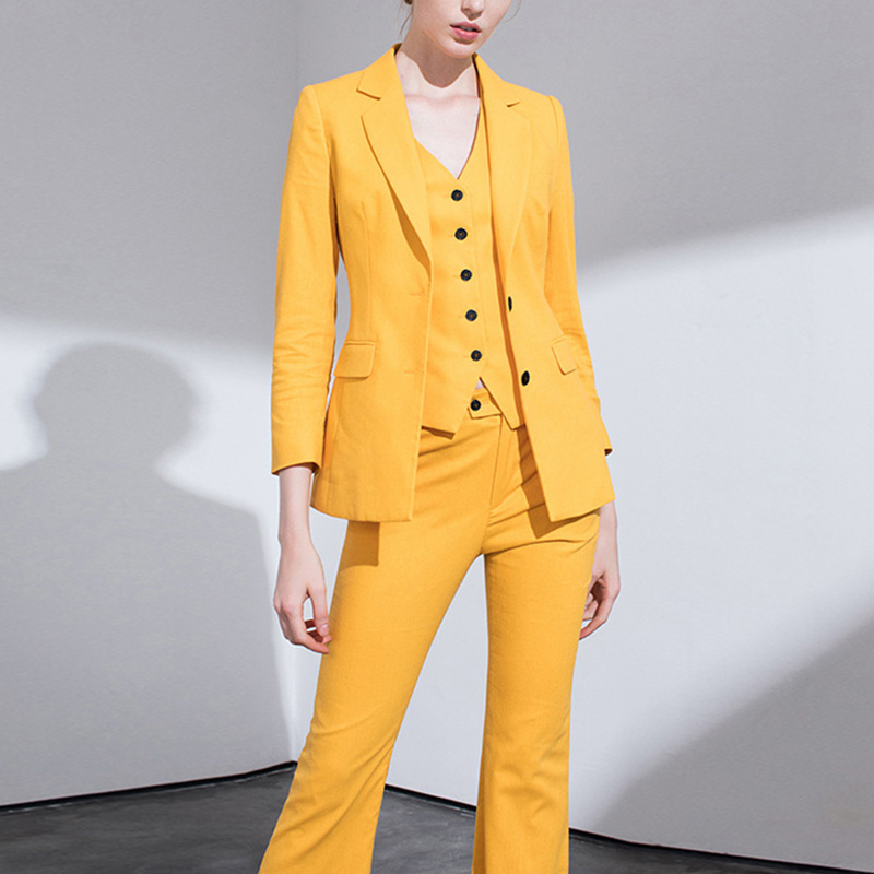 OEM Custom wholesale label yellow fashion female lady work wear women 3 piece business suit