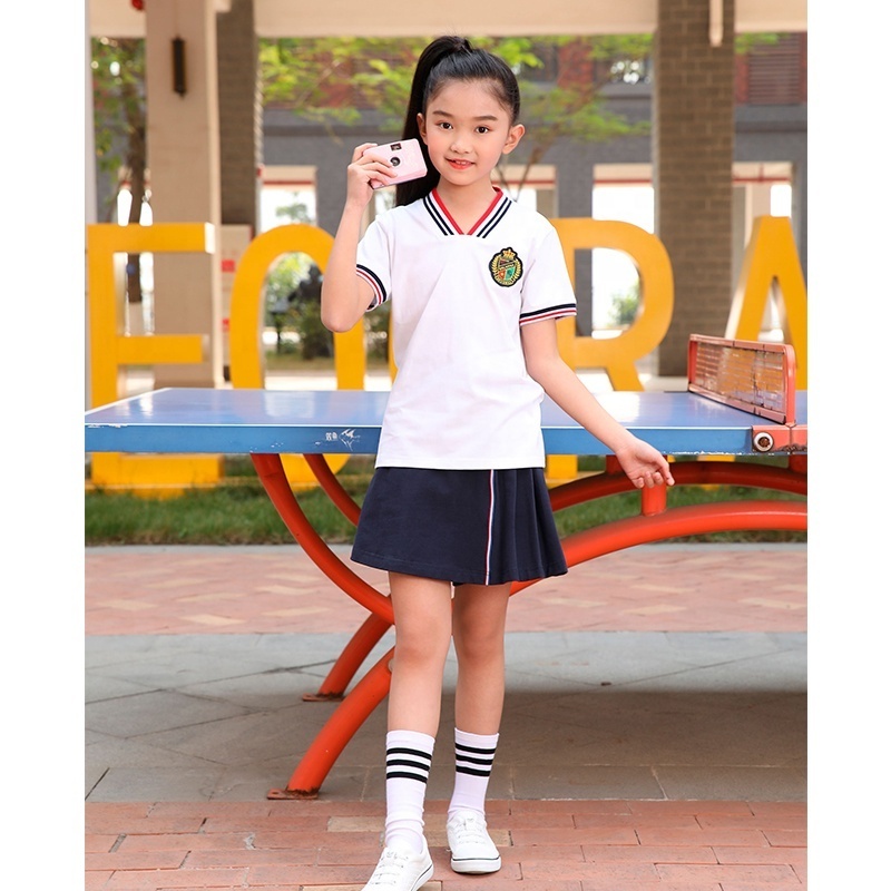 OEM Supply School Uniform Students Girls Skirt and T Shirt Sweatsuits Sets