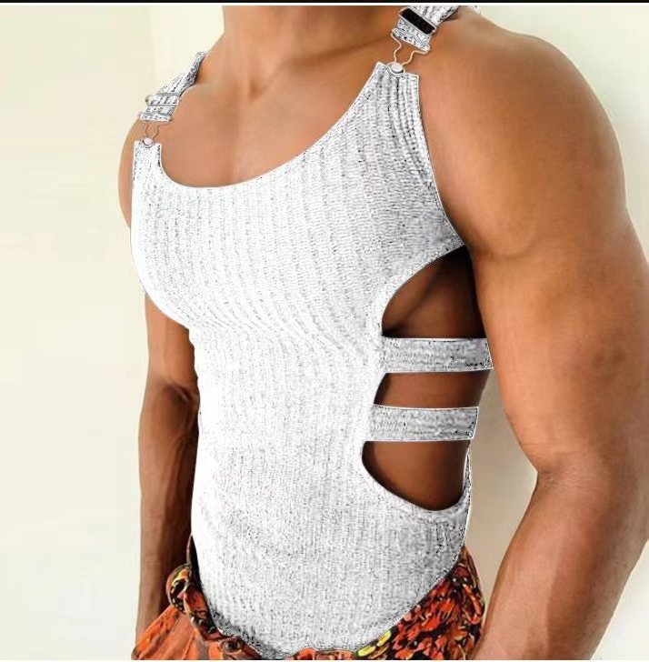 Gym Tank Top Men Slim Fit Bodybuilding Sports Fitness Ribbed Vest Tops Breathable Hollow Out Clubwear Gay Sissy Nightclub