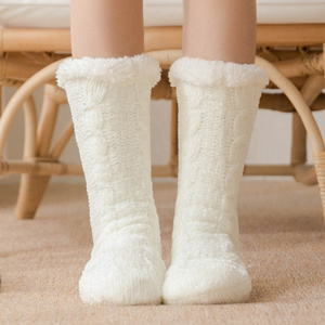 Woman winter fluffy thermal wholesale unisex plain fur rubber sole slipper Christmas women knee high custom warm fuzzy socks