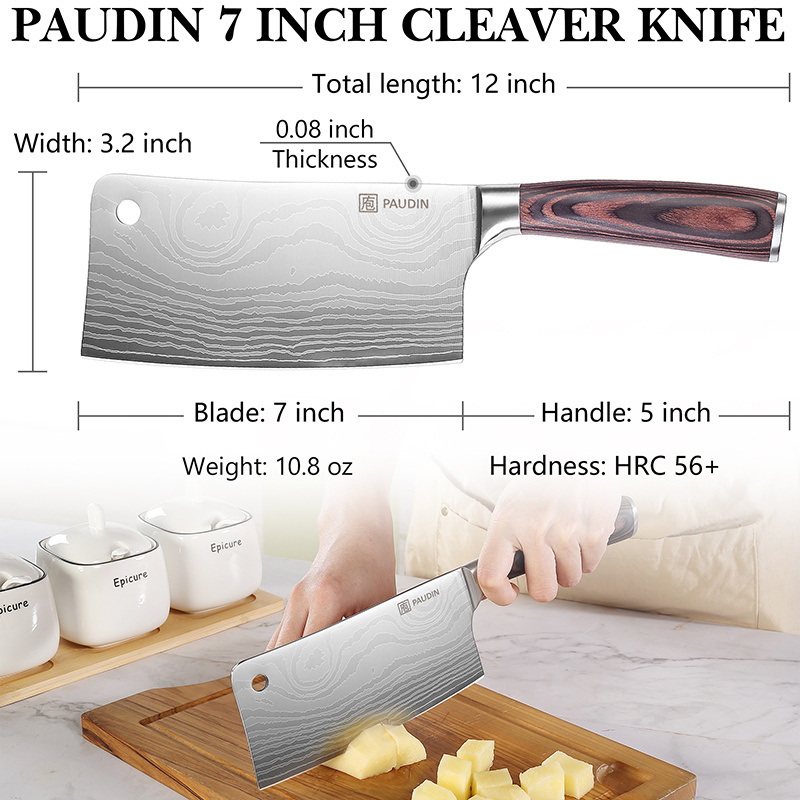 7-inch Stainless Steel Ultra Sharp Big Cleaver Knife Kitchen Chef Knife For Cutting Meat and Vegetable with wooden handle