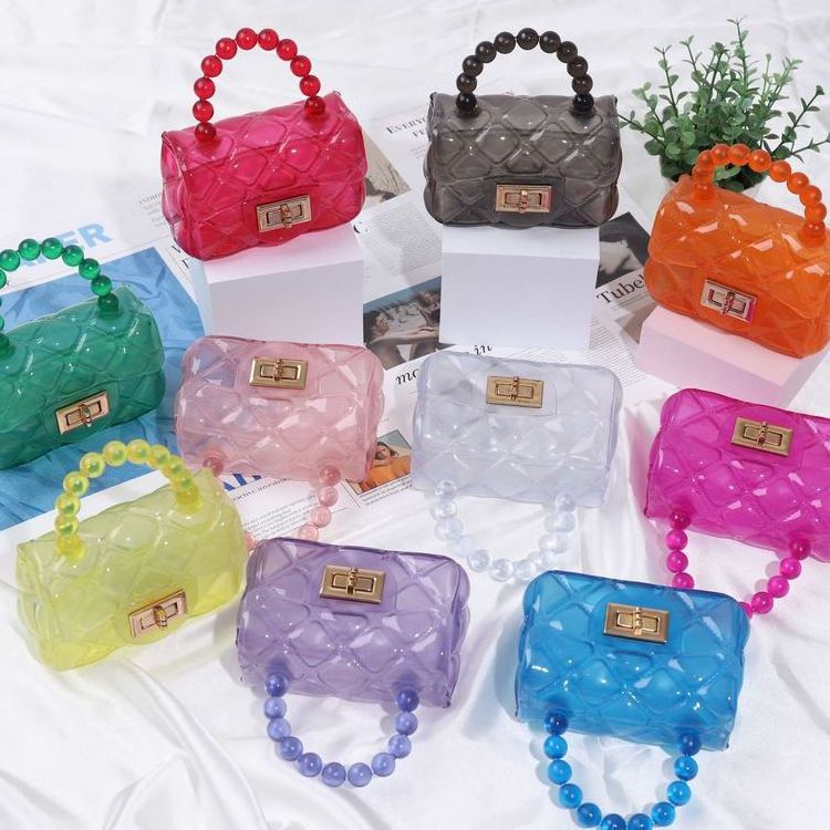 Fashion Candy Color Kids Jelly Purse and Handbags Pearl Handle Bag Transparent Mini PVC Jelly Bag for Little Girls