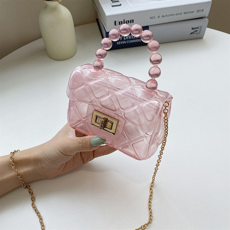 Fashion Candy Color Kids Jelly Purse and Handbags Pearl Handle Bag Transparent Mini PVC Jelly Bag for Little Girls