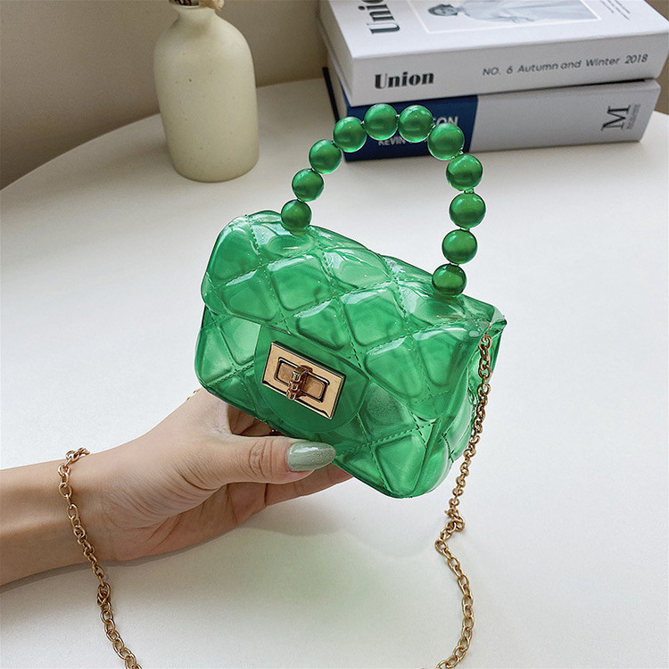 Fashion Candy Color Kids Jelly Purse and Handbags Pearl Handle Bag Transparent Mini PVC Jelly Bag for Little Girls