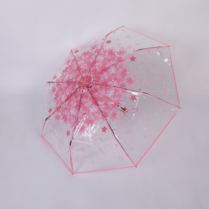 21 inch 3 fold transparent POE plastic clear colorful lady flower umbrella