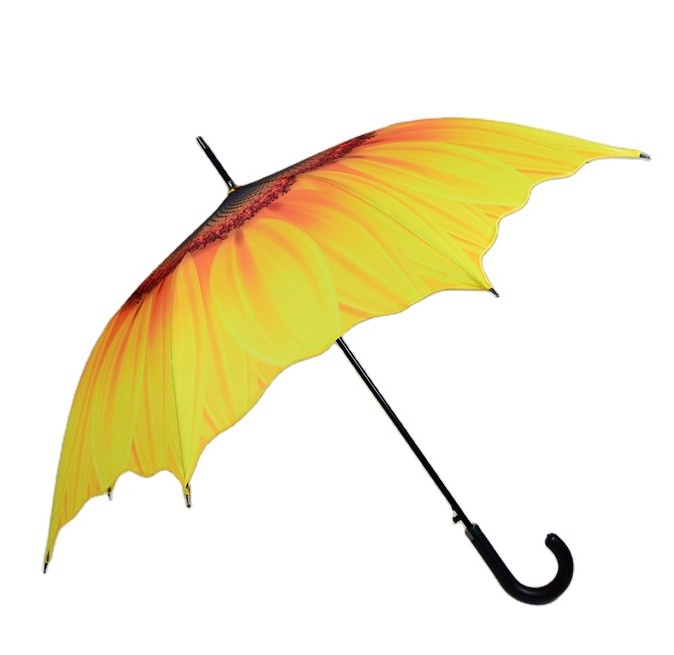 Novelty straight outside full sunflower design  print flower shape umbrella for women