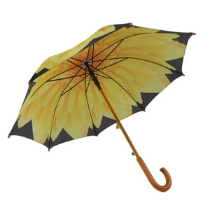 23" wooden straight sunflower umbrella wooden handle heat transfer printing umbrella