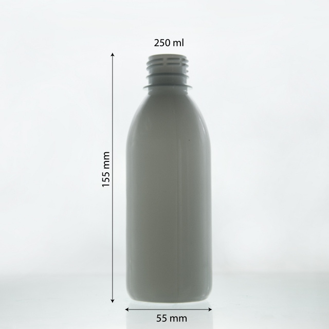 250ml - 28mm - 26g Milky white pharmaceutical PET plastic bottle cough syrup PET bottle with PP measuring cup cap