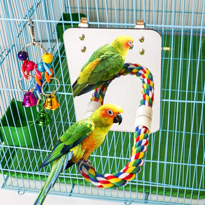 Large Stainless Steel Bird Mirror with Rope Perch Bird Toys Swing Comfy Perch for Greys Amazons Parakeet Cockatiel Conure Love