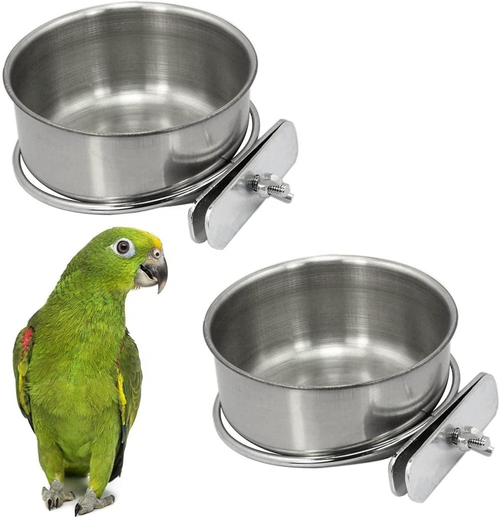 Bird Feeding Cups with Clamp Holder, Parrot Food & Water Cage Hanging Bowl Stainless Steel Coop Cup Dish Feeder for Parakeet