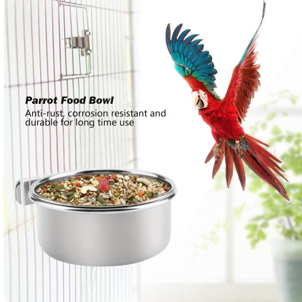 Bird Feeding Cups with Clamp Holder, Parrot Food & Water Cage Hanging Bowl Stainless Steel Coop Cup Dish Feeder for Parakeet