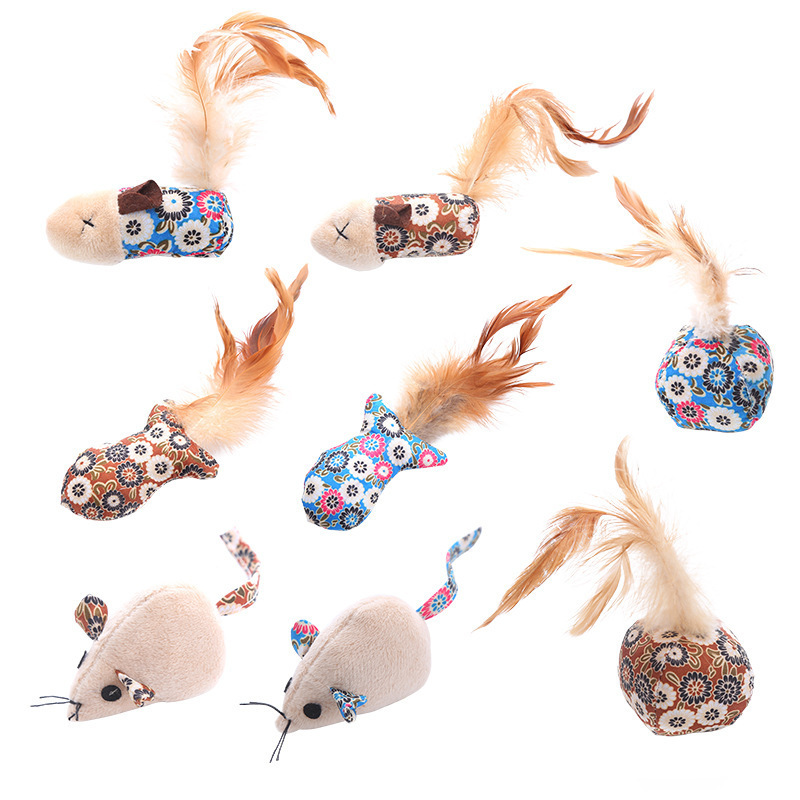 New Interective Cat toy feather Animal Cat Catnip Mouse Toy with floral pattern fabric