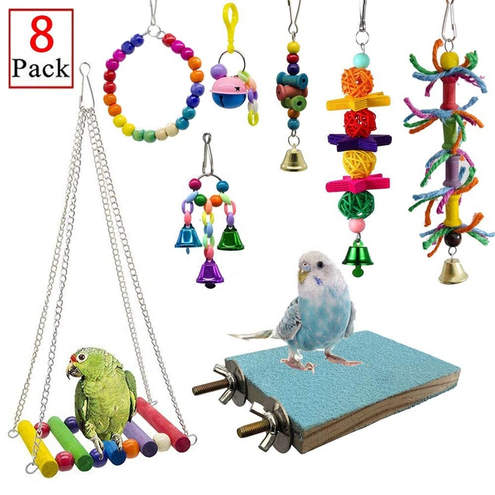 8 Packs Bird Swing Chewing Toys- Parrot Hammock Bell Toys Suitable for Small Parakeets, Cockatiels, Conures, Finches,Budgie,Maca