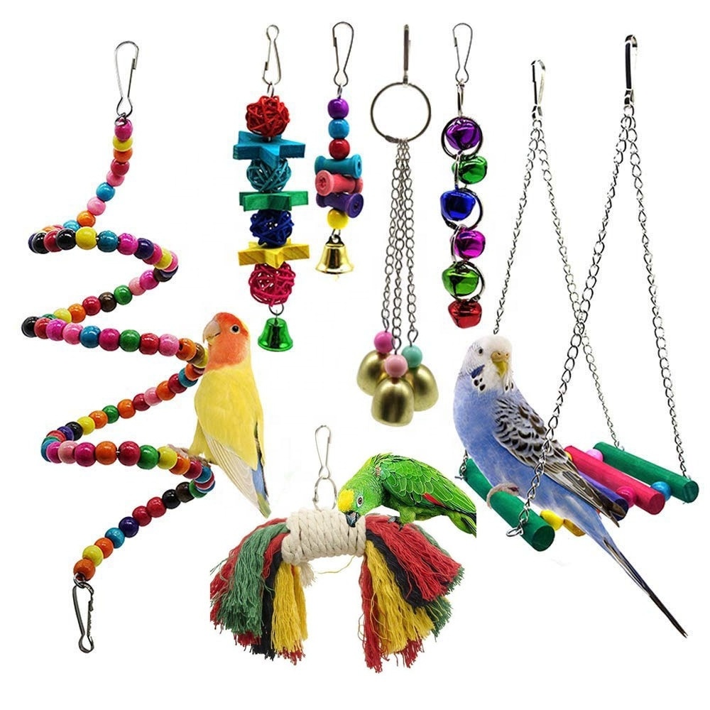 Bird Parrot Toys Play Set for Bird Cage, Colorful Chewing Hanging Swing Toy Bells, Ladder Swing for Small Parrots, Macaws,