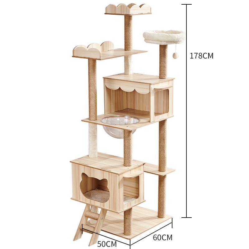 Hot Luxury Large Wooden Cat House Climbing Multi Layer Cat Climbing Tree With Hammock Ladder