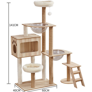 Hot Luxury Large Wooden Cat House Climbing Multi Layer Cat Climbing Tree With Hammock Ladder