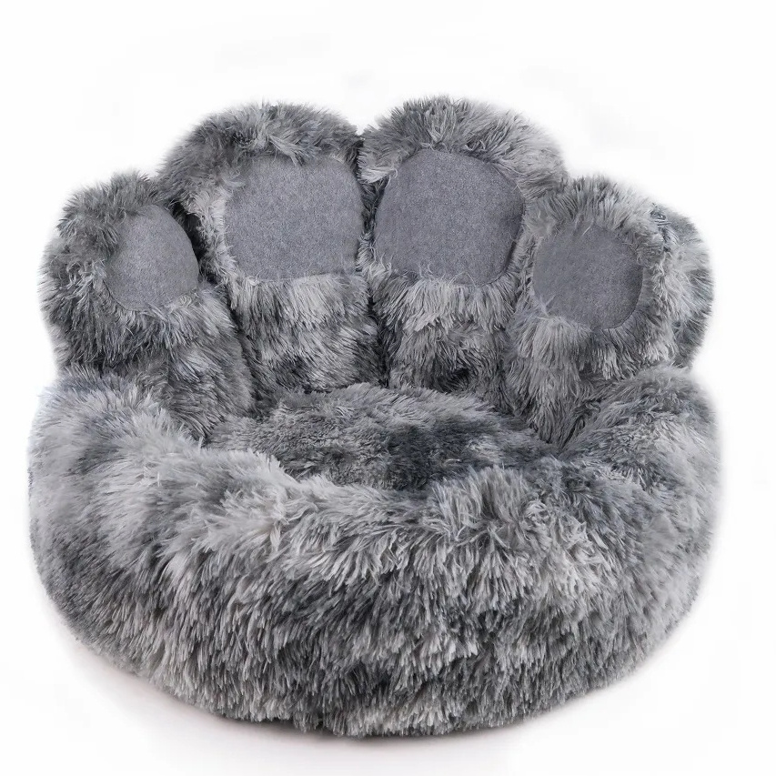 Hideaway Cat Bed Long Hair Plush Round Dog Bed Paws Shape Luxury Plush Pet Bed