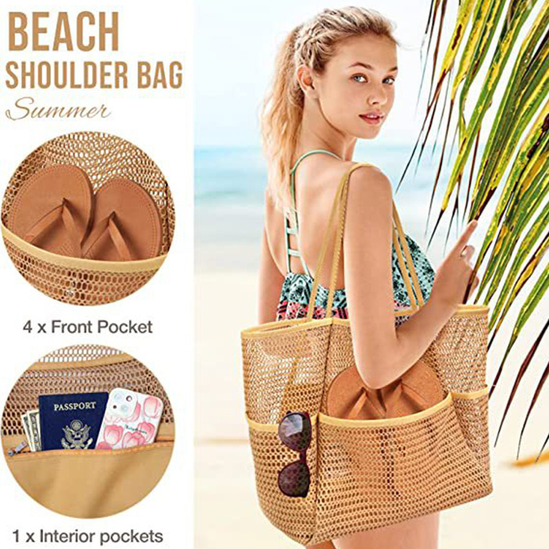 Summer Fashion Multi Pockets Mesh Tote Bag Portable Women Mesh Beach Bag for Travel Swimming