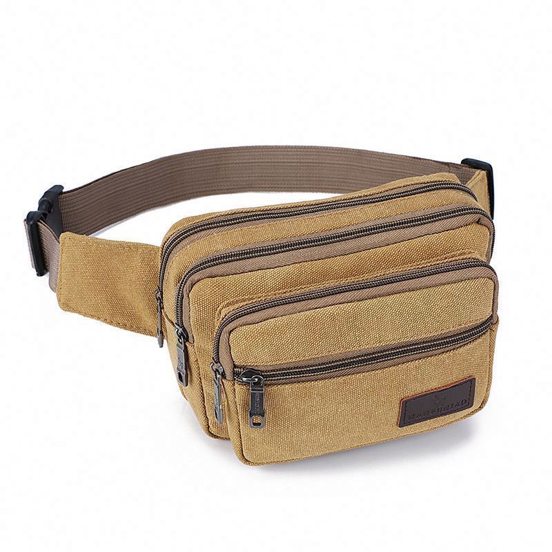 Custom Logo Khaki Color Outdoor Sport Canvas Waist Bag Men Leisure Fanny Pack