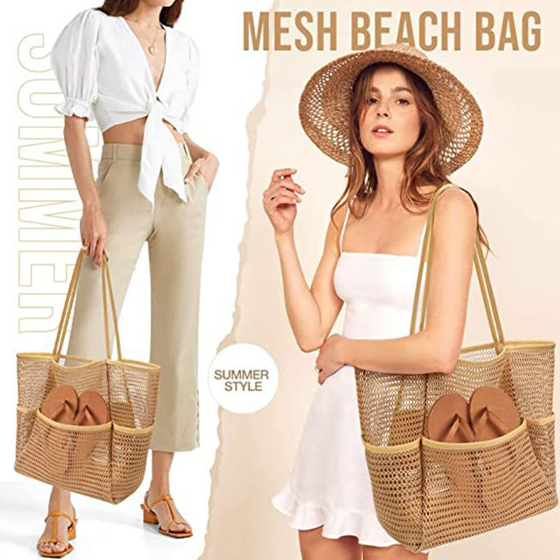 Summer Fashion Multi Pockets Mesh Tote Bag Portable Women Mesh Beach Bag for Travel Swimming