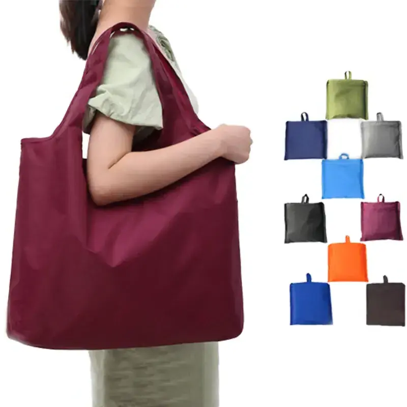 Custom Large Washable Reusable Women Folding Tote Bag Eco-friendly Waterproof Oxford Cloth Foldable Shopping Bag in Pouch