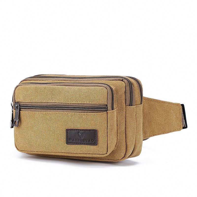 Custom Logo Khaki Color Outdoor Sport Canvas Waist Bag Men Leisure Fanny Pack