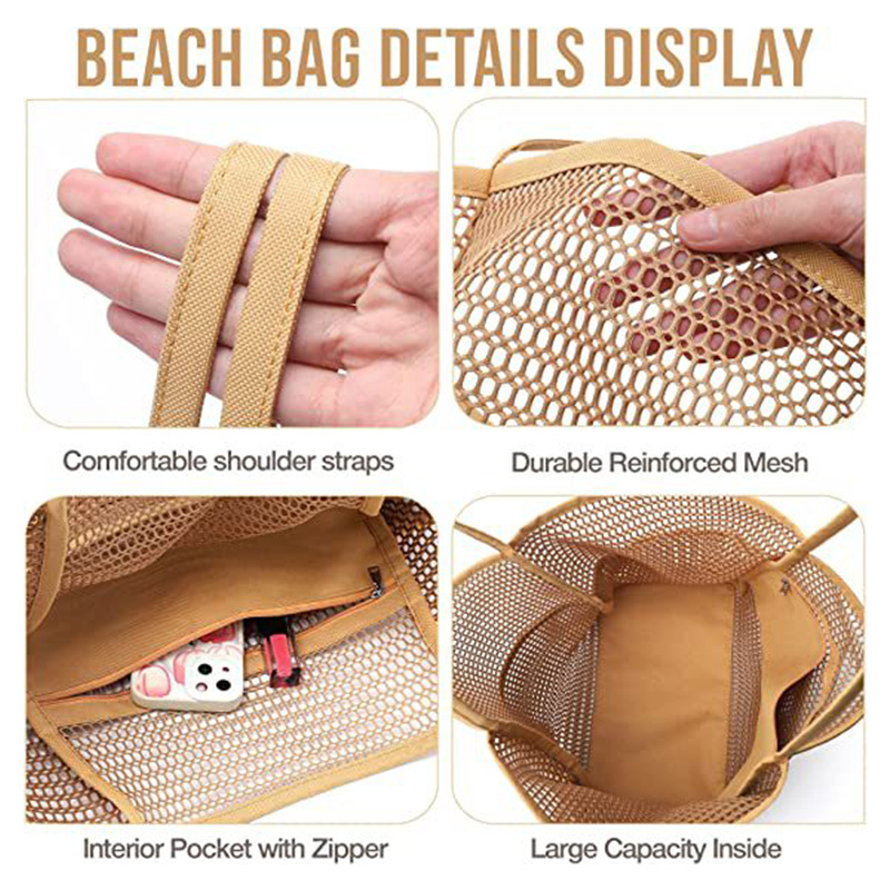 Summer Fashion Multi Pockets Mesh Tote Bag Portable Women Mesh Beach Bag for Travel Swimming