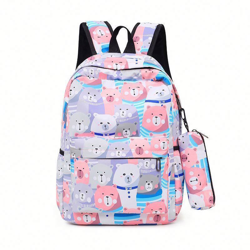 3pcs Cute Cartoon Printed Canvas Rucksack Nylon Teenage Student Backpacks Large Capacity School Bag Set