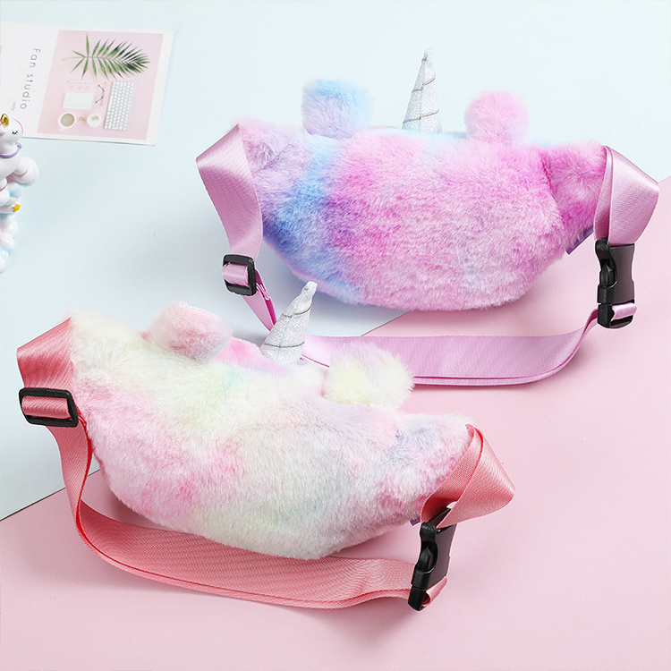 Kids Cute Cartoon Unicorn Plush Waist Bag Girls Soft Fur Fanny Pack For Children