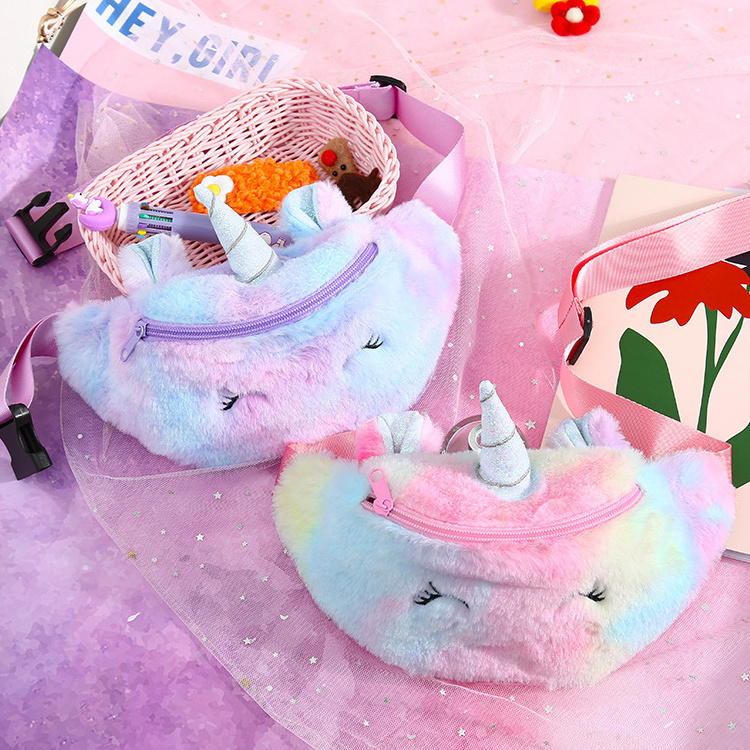 Kids Cute Cartoon Unicorn Plush Waist Bag Girls Soft Fur Fanny Pack For Children