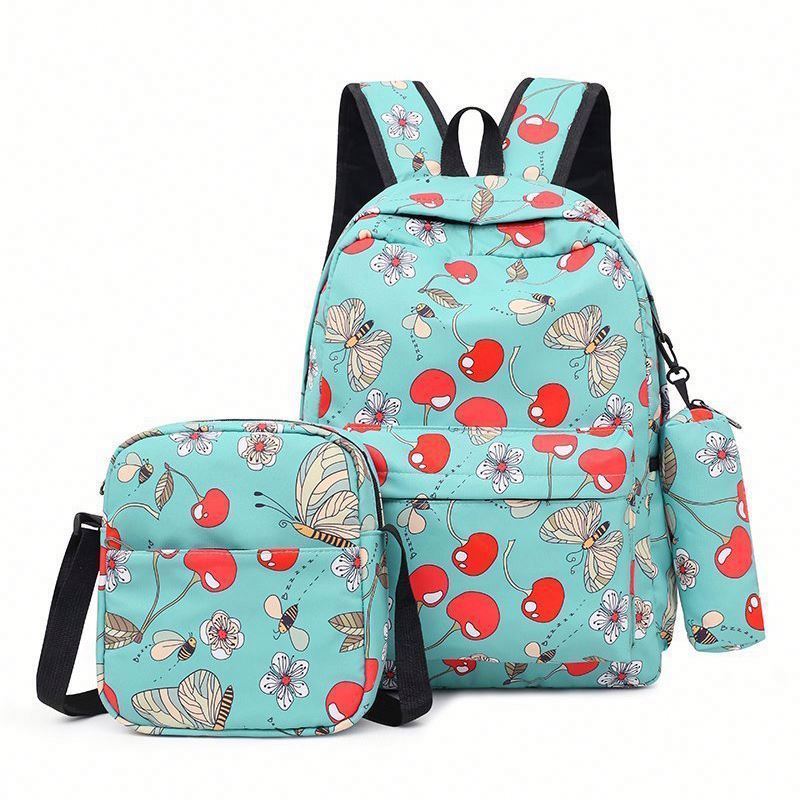 3pcs Cute Cartoon Printed Canvas Rucksack Nylon Teenage Student Backpacks Large Capacity School Bag Set