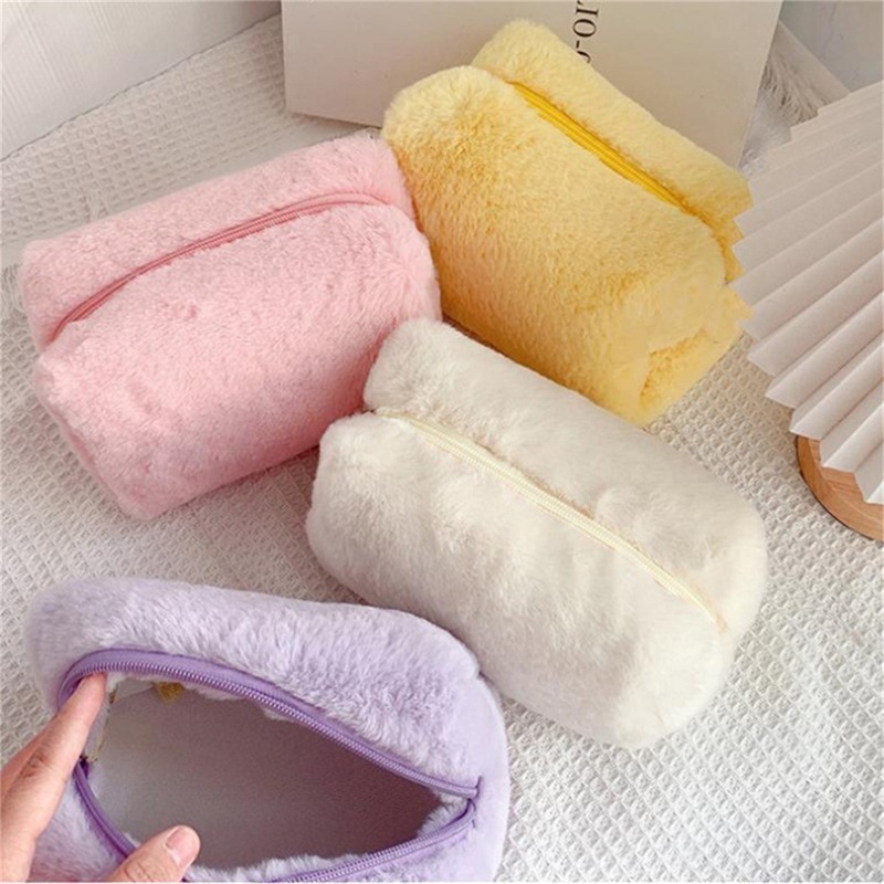 Custom Women Cute Terry Cloth Plush Puffy Fluffy Fuzzy Makeup Cosmetic Storage Bag Color Travel Pencil Pouch Coin Purse Case