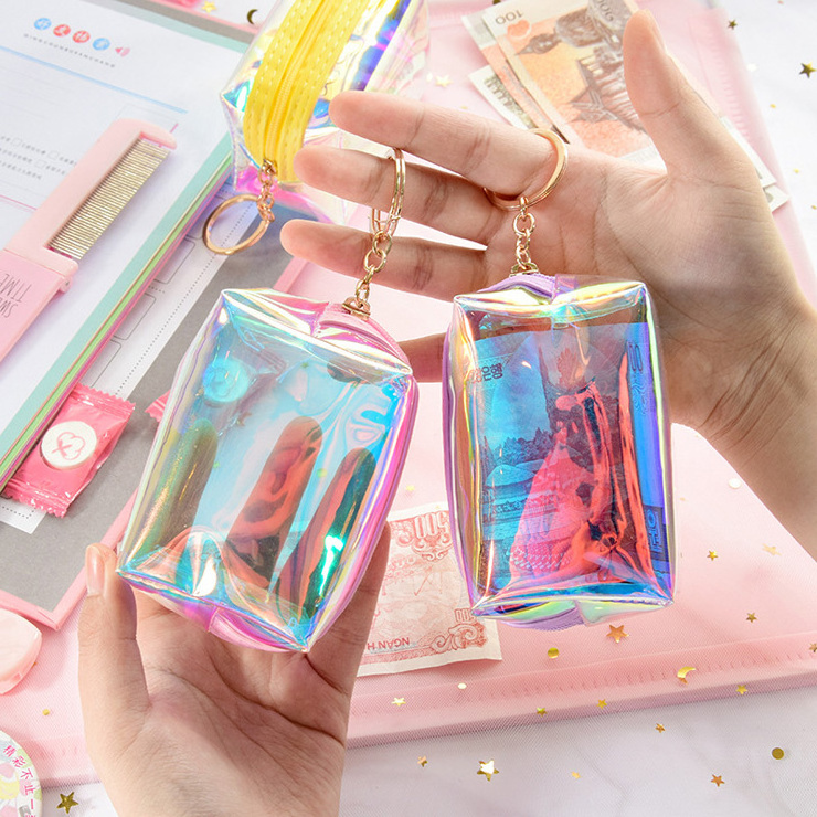 Promotion Zipper Transparent Wallet Waterproof Clear Pvc Pouch Holographic Iridescent Laser Coin Purse With Metal Key Ring