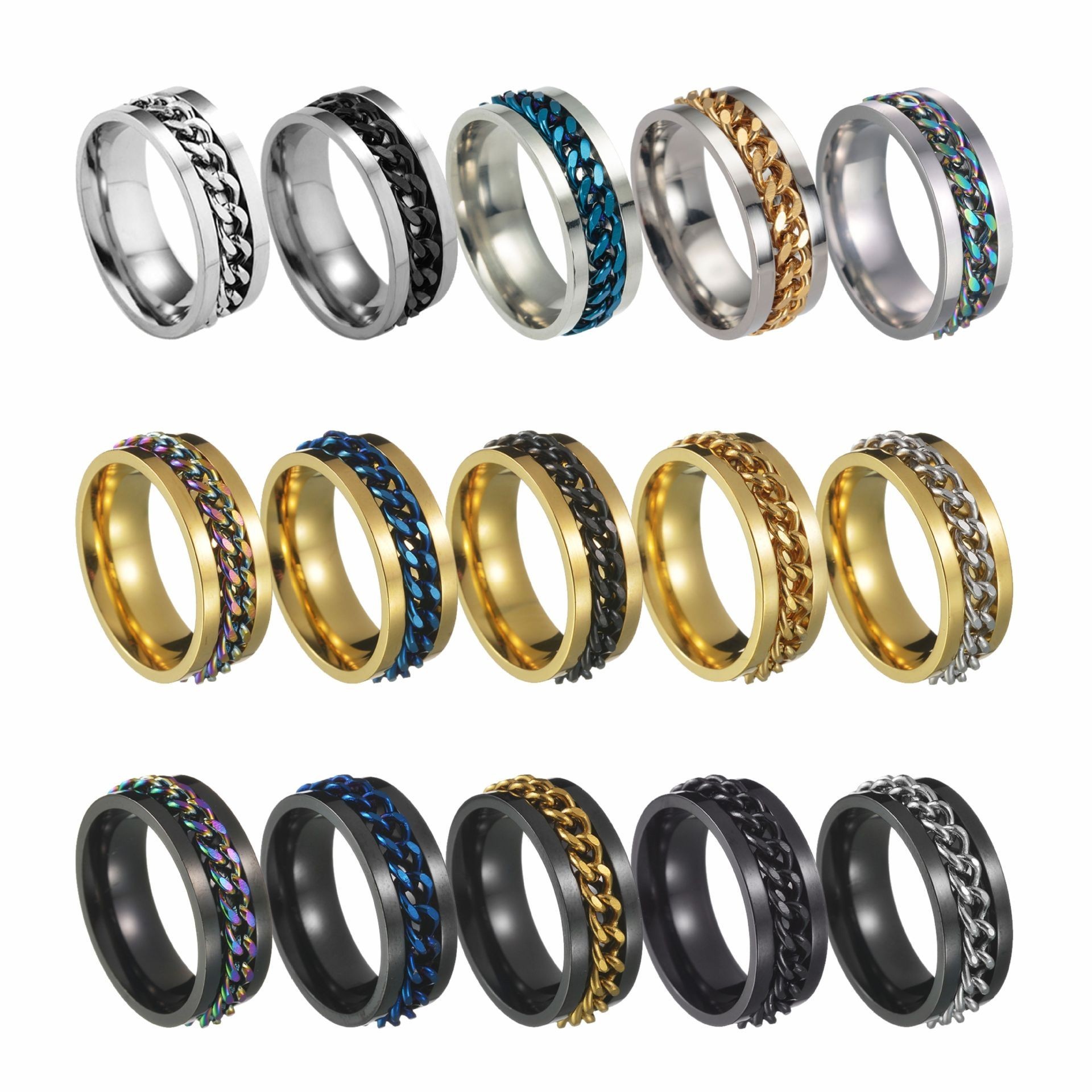 Silver Polishing Hip Hop Punk Spinning Rotatable With Chain Funky Hippy Stainless Steel Finger Rings Men Jewelry for Man