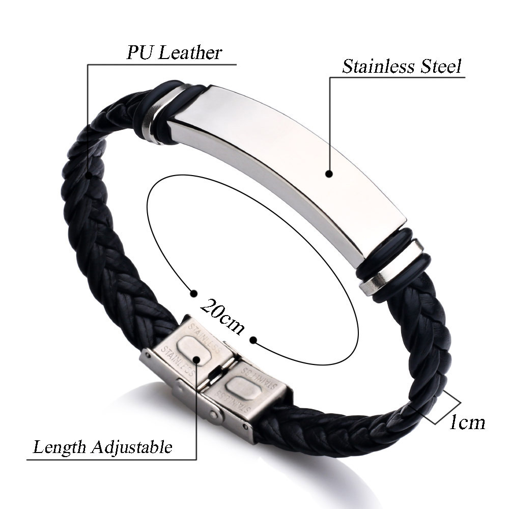 Hot Selling Simple Adjustable High Finish Custom Engrave Stainless Steel Anchor Braided Black Pu Leather Woven Bracelet For Men