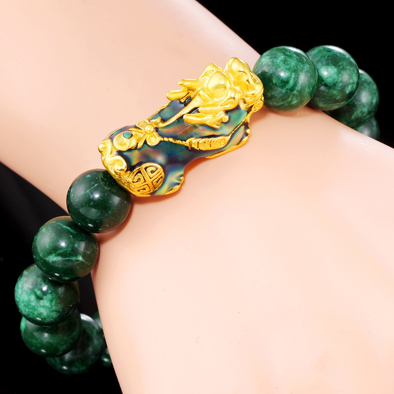 Wholesale Charm Fenshui Thermochromic 12Mm Green Natural Stone Cyan Jade Beaded Lucky Fortune China Feng Shui Pixiu Bracelet