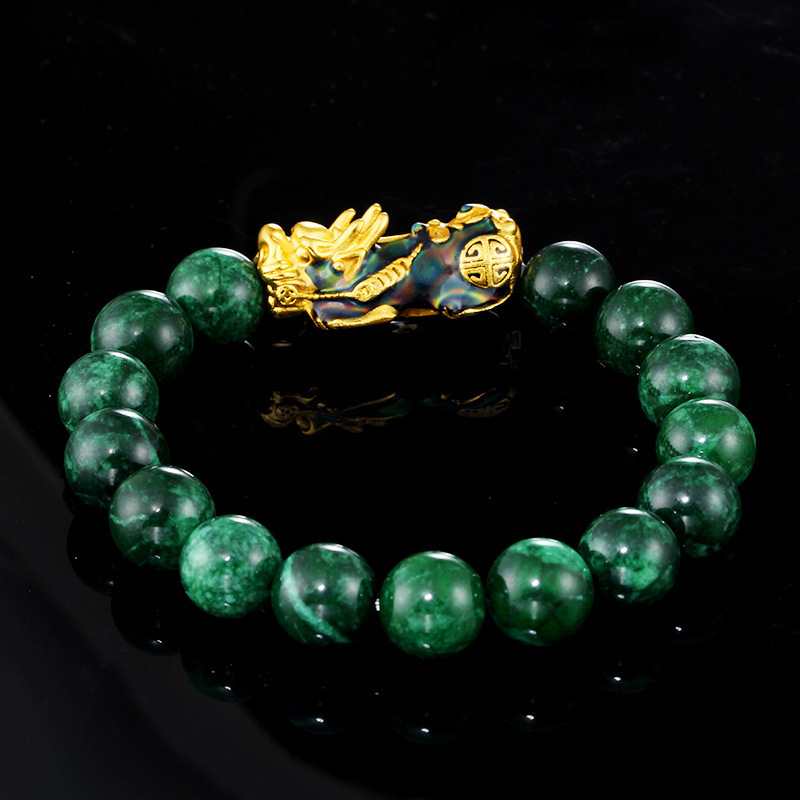 Wholesale Charm Fenshui Thermochromic 12Mm Green Natural Stone Cyan Jade Beaded Lucky Fortune China Feng Shui Pixiu Bracelet