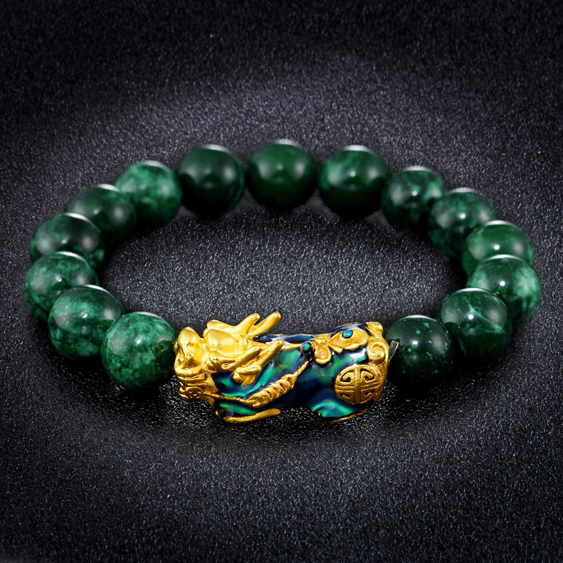 Wholesale Charm Fenshui Thermochromic 12Mm Green Natural Stone Cyan Jade Beaded Lucky Fortune China Feng Shui Pixiu Bracelet