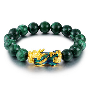 Wholesale Charm Fenshui Thermochromic 12Mm Green Natural Stone Cyan Jade Beaded Lucky Fortune China Feng Shui Pixiu Bracelet