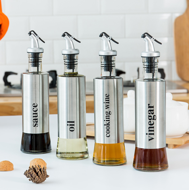 New Design Kitchen Glass Oil Bottle Stainless Steel Leak-proof Oil Storage Dispenser Kitchen Seasoning Container