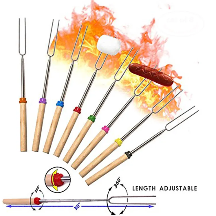 Hot sale Skewer BBQ Kebab Marshmallow Roasting Stick Wooden Stainless Steel Sticks Big Skewers