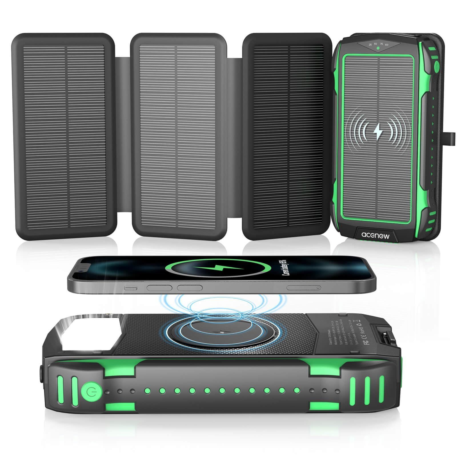 Hiluckey Fast Charging 15W Foldable Outdoor Portable Solar Charger 20000mAh Powerbank Solar Power Bank With Led Lights